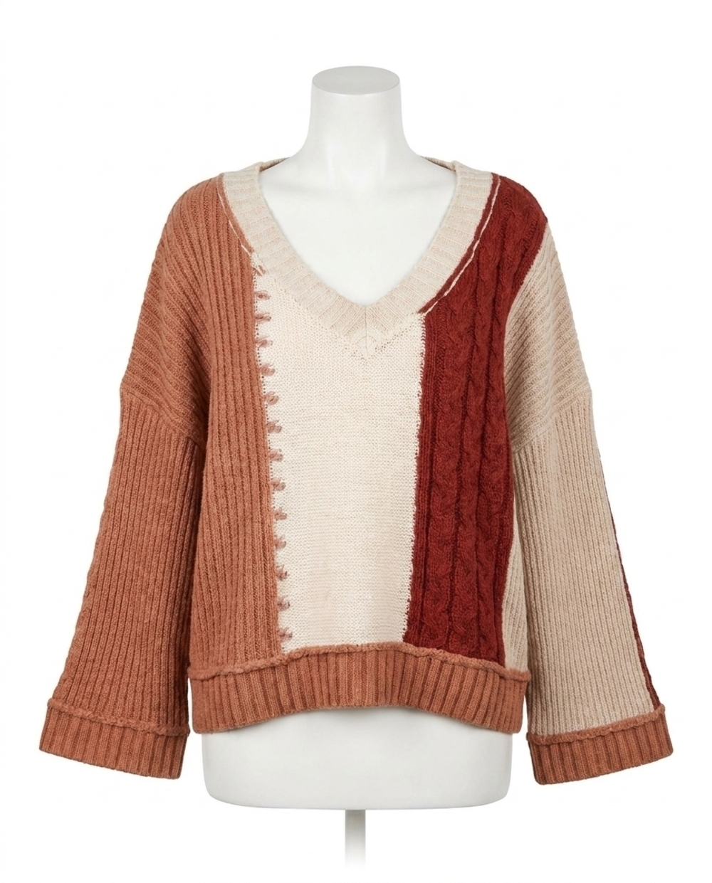NEW POL color block v-neck sweater in rust taupe